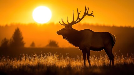 A majestic elk stands silhouetted against a vibrant sunset.