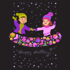 Happy holiday. Cute children admire falling snow. Boy and girl in bright clothes with Christmas decorations and gifts. Cartoon kids enjoying the snowfall. Handwritten text. Vector illustration.