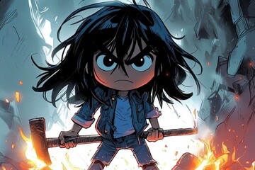 Angry Cartoon Girl with a Burning Axe