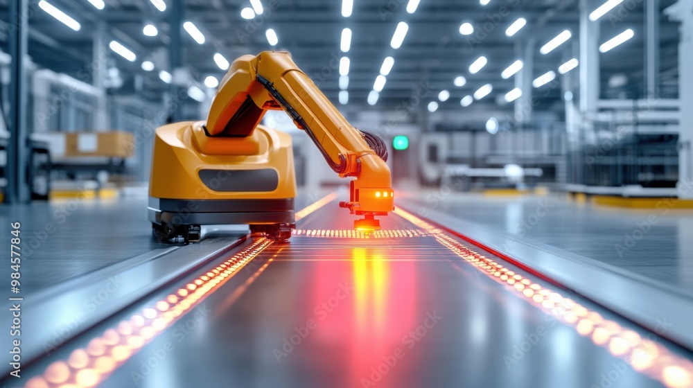 Poster robotic arm working on assembly line in factory setting