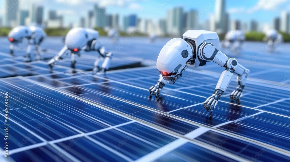 Poster robots working on solar panels in urban environment