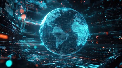 Obraz premium A holographic globe spinning slowly in mid-air, with digital data streams and information flowing across its surface.