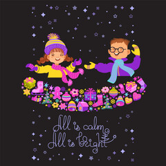 Cute children with Christmas decorations. Handwritten text. Vector flat illustration.