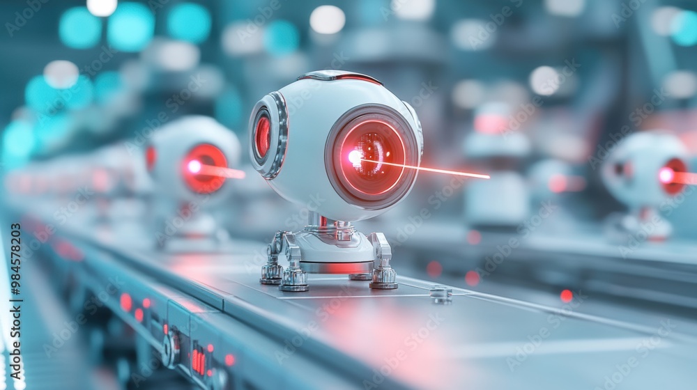 Poster futuristic robots with laser technology in factory setting