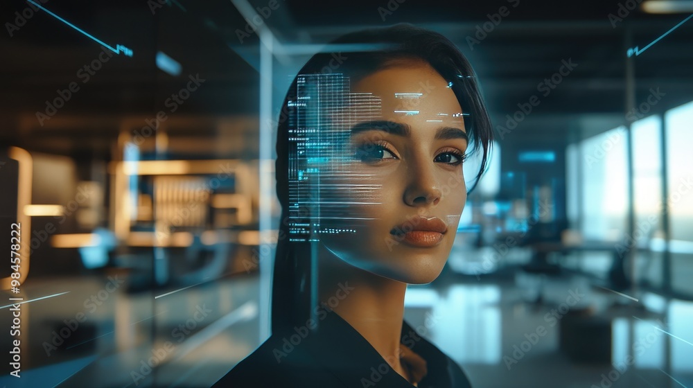 Poster a holographic projection of a virtual assistant, responding to voice commands in a smart office spac