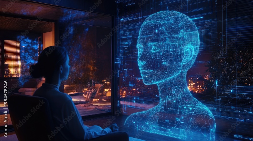 Poster a holographic projection of an artificial intelligence avatar, floating in front of a user in a smar