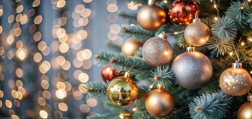 Christmas Tree With Baubles balls And Blurred Shiny Lights ornaments decoration