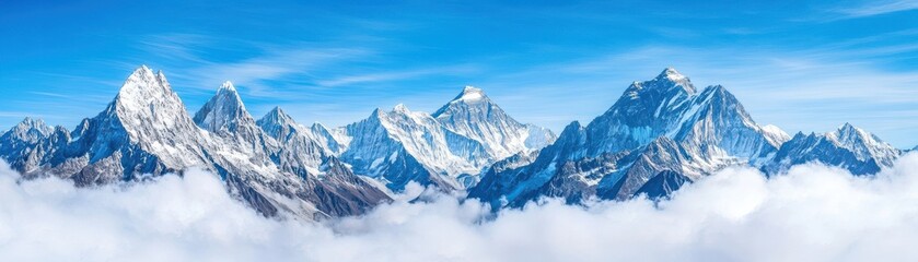 Obraz premium Breathtaking panoramic view of snow-capped mountains rising above fluffy clouds under a bright blue sky.