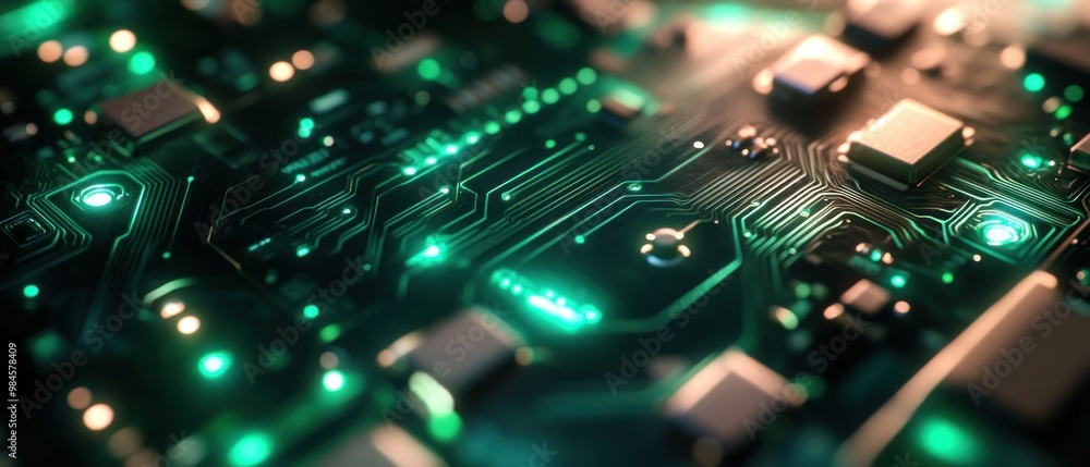Poster close-up view of a circuit board with glowing green elements and intricate pathways.