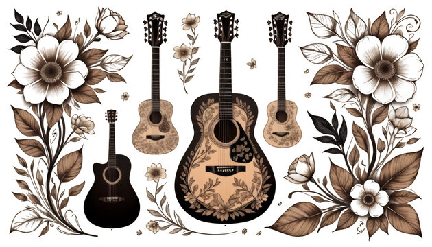 hand poster guitar art music background inking drawn acoustic cool elaborate design concept sepia music design flower design vintage color abstract illustration black concert music guitar concert