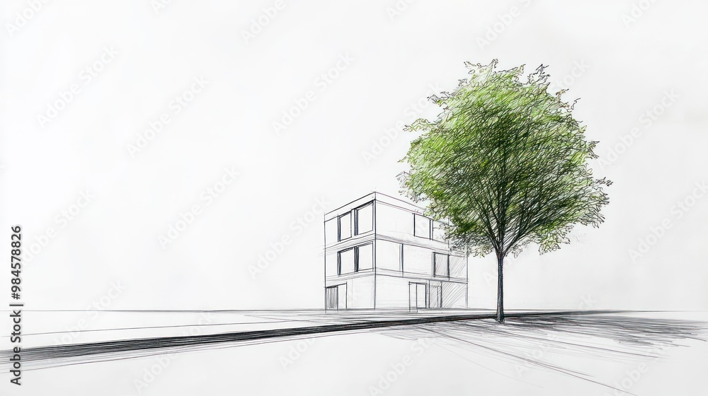 Poster a minimalist architectural sketch featuring a modern building and a tree.