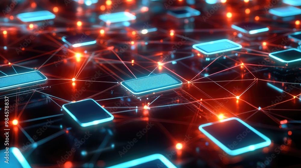 Poster a network of smartphones and laptops connected by glowing lines of data, symbolizing the interconnec