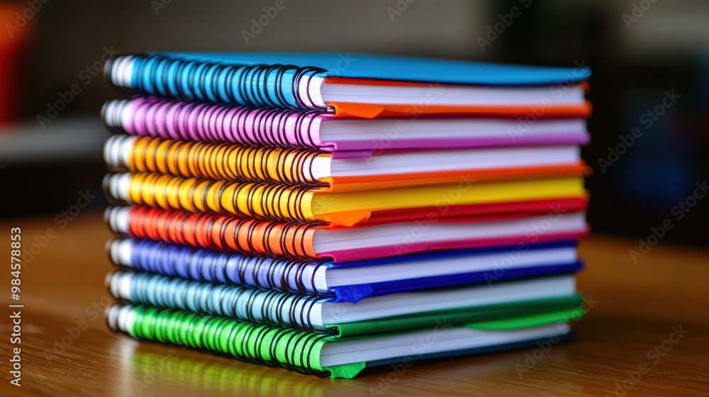 Poster a stack of colorful spiral notebooks arranged neatly on a wooden surface.