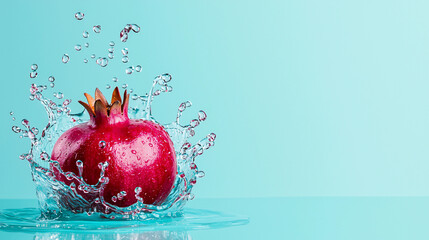 A vibrant pomegranate splashes into clear liquid, creating refreshing scene