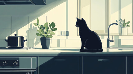 A sleek black cat sitting on a kitchen countertop, watching its owner prepare food in a bright, modern kitchen.
