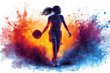 Naklejka premium Female basketball player with ball. Grunge background. 