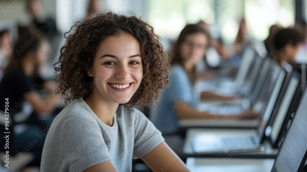 Poster a smiling student in a computer lab surrounded by peers, engaged in learning.