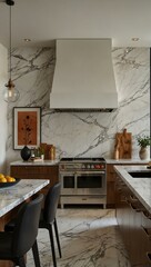 Modern kitchen with simple cabinets, marble countertop, and light walls.