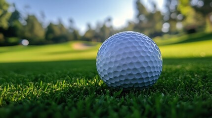 Obraz premium Close-up of a white golf ball on a green grass field with a blurry background of a golf course.