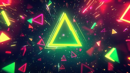 Vibrant neon triangles in a dynamic, abstract space with glowing effects.