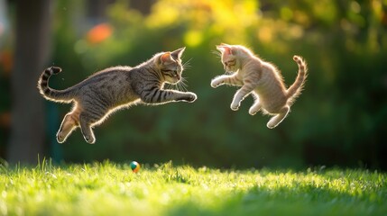 Obraz premium Two cats playing together in a green backyard, one leaping in the air to catch a toy.