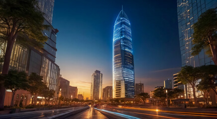 Fototapeta premium Generated Image of the skyscraper with street light streaks 