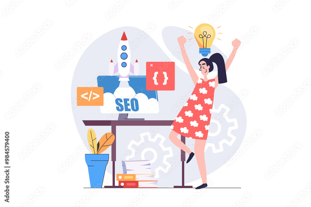 Poster seo optimization concept in modern flat design for web. woman developing startup site project, analy