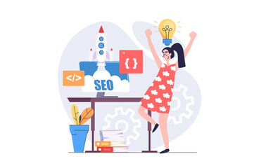 SEO optimization concept in modern flat design for web. Woman developing startup site project, analyzing and improving internet page traffic, making engine search settings. Illustration.