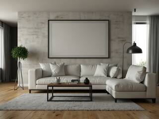 Modern living room with a white sofa and blank frame, 3D view.
