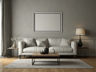 Modern living room with a white sofa and blank frame, 3D view.
