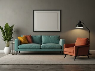 Modern living room with colorful white sofa and blank frame, 3D illustration.