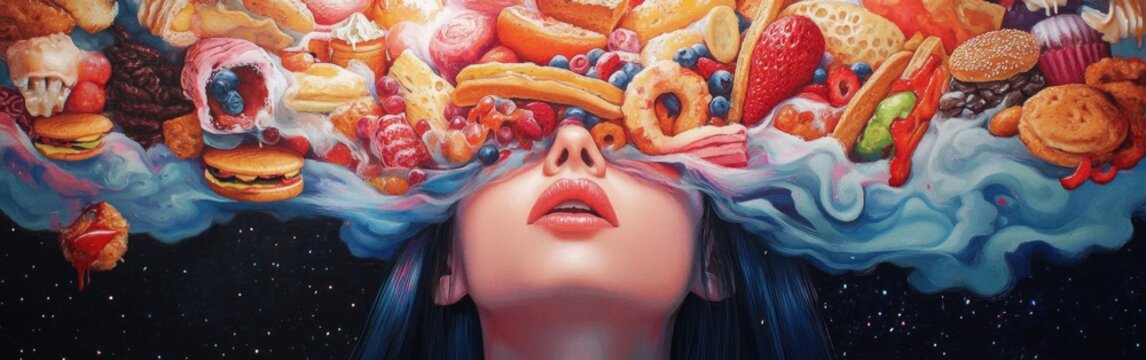 A woman's mind is consumed by colorful junk food, showing the grip of food addiction
