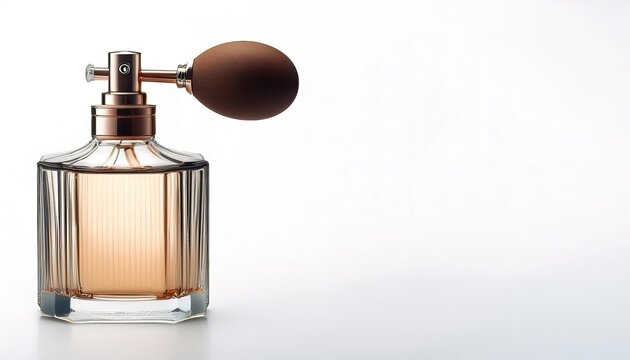 old vintage retro style perfume bottle with atomizer which gives a very fine spray of a liquid. isolated on white background with copy space