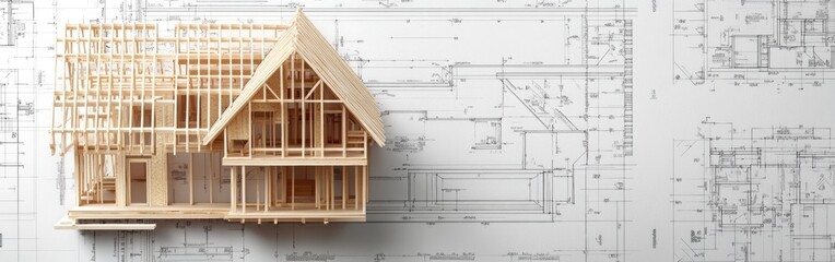 A wooden frame house model is being constructed next to architectural blueprints for planning
