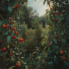 A lush garden filled with tomato plants bearing