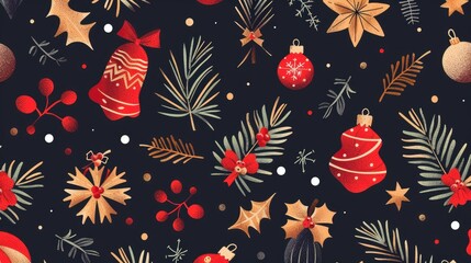 Christmas pattern with cute winter decor elements. Flat cartoon illustration for postcards, banners, posters, packaging, paper