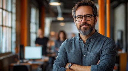 Obraz premium Confident middle-aged man with glasses standing with arms crossed in a modern open office space, illustrating professional success and leadership