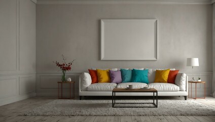 Modern room with a colorful white sofa and blank frame, 3D interior.