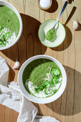 broccoli puree soup with cream and pesto