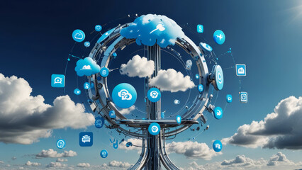 Blue Digital Sky with Platform Logos Interconnected by a Modern Tech Network