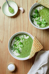 broccoli puree soup with cream and pesto