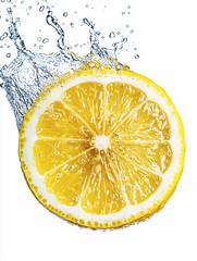 A slice of lemon splashing into clear liquid creates refreshing scene