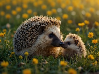 Mother hedgehog with her baby in a field of yellow flowers.