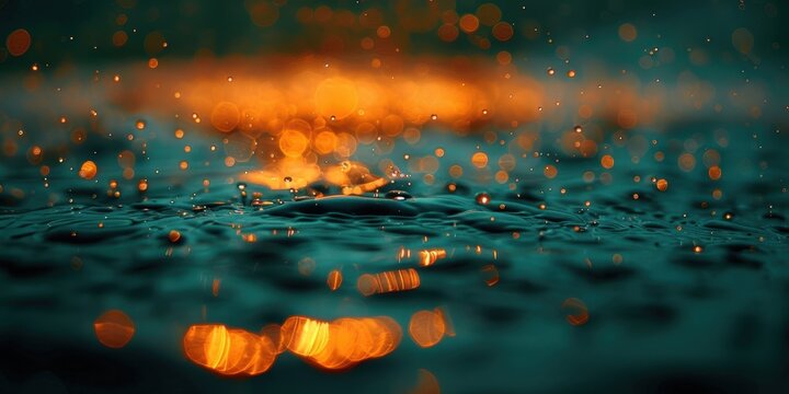 Vibrant close-up image of a reflective water surface with beautiful, warm golden bokeh lights illuminating the water droplets in a mesmerizing pattern