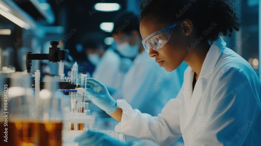 Poster a scientist conducts research in a laboratory, examining samples with precision.