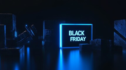 Obraz premium Neon Black Friday sign with glowing blue light on dark background, futuristic sale concept