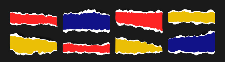 Torn bright paper sheet vector set for collage. Vibrant ripped jagged pieces on black background. Scrapbook, notebook page grunge illustration. Tear strip collection.