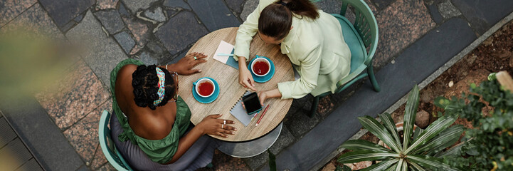 Banner of two old friends having meeting in eco cafe