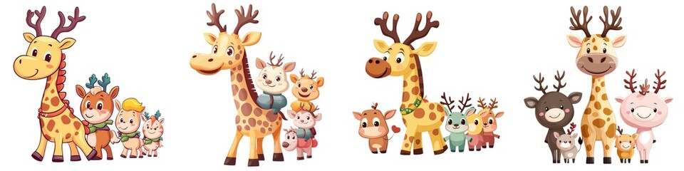 Naklejka premium A charming collection of cartoon animals, featuring giraffes and various cute characters suited for children's illustrations and designs.