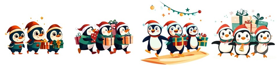 Fototapeta premium A cheerful collection of penguins celebrating the holiday season with gifts, decorations, and festive attire.
